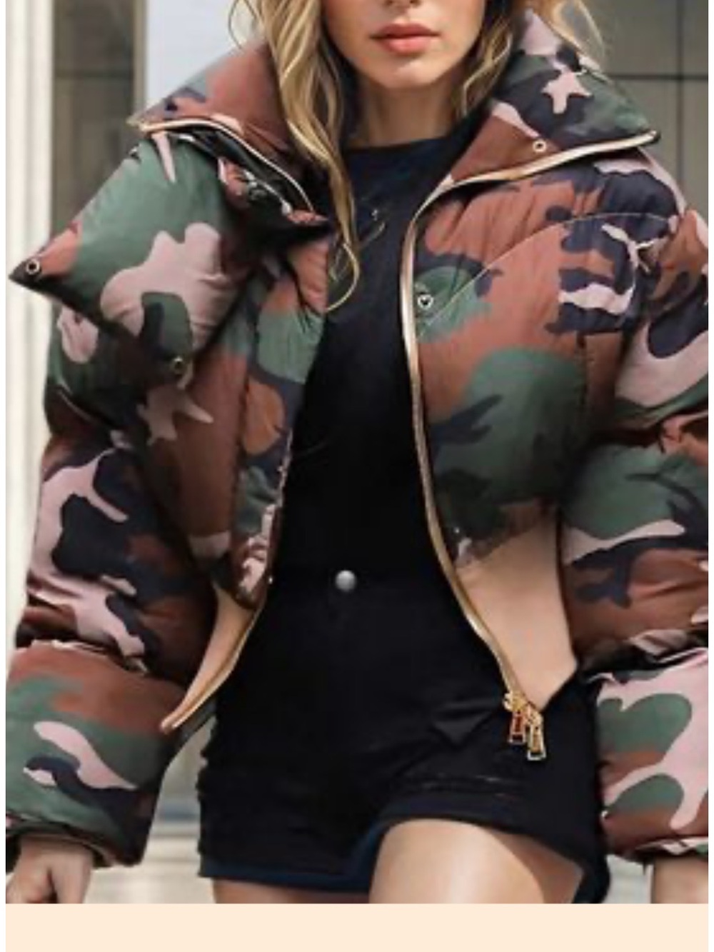 Camo Puffer Jacket with Contrast Hem
